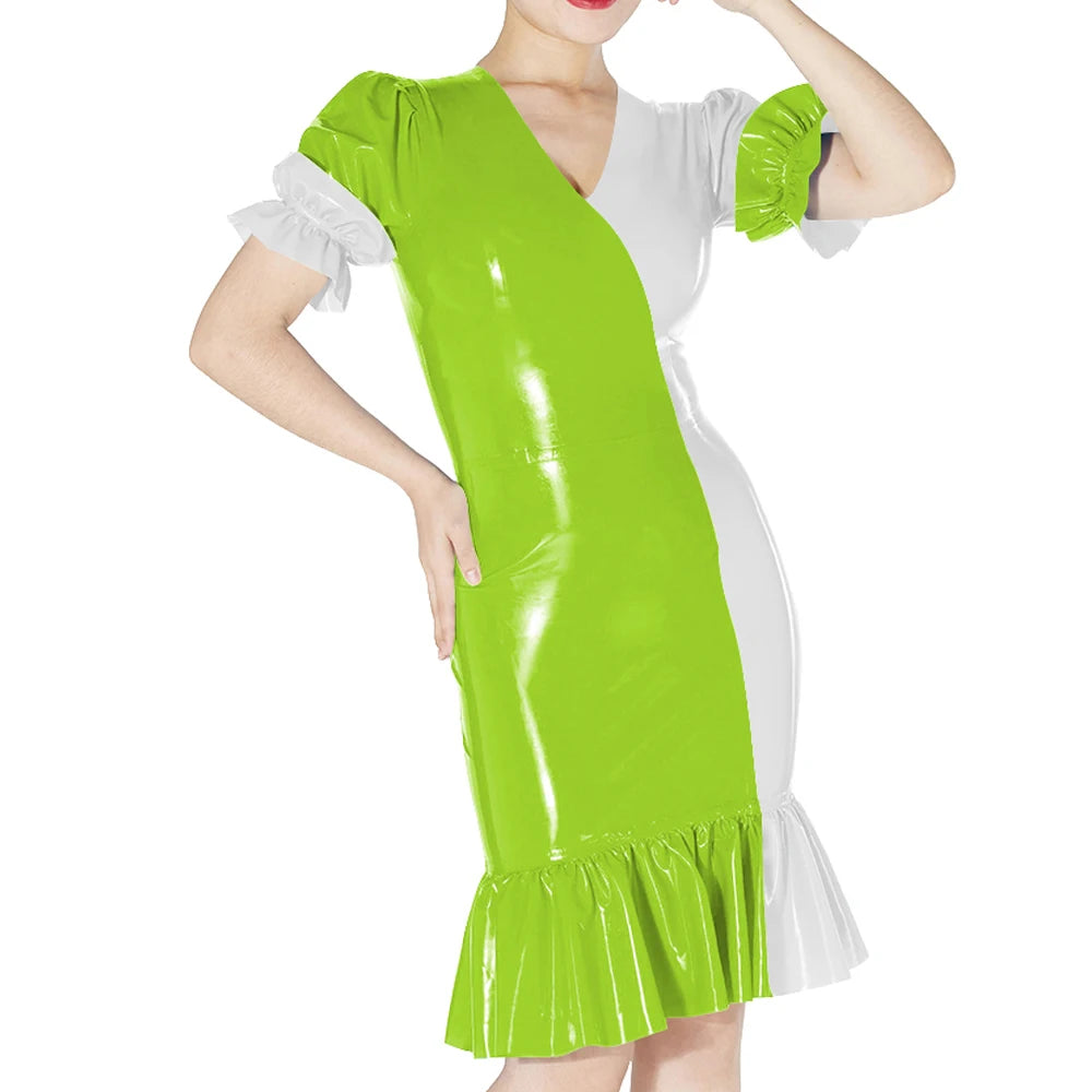 Plus Size Knee-length Patchwork Dress Glossy Faux Leather Party Bodycon Short Sleeve Dress Back Zipper Ruffles Hem Womens Dress