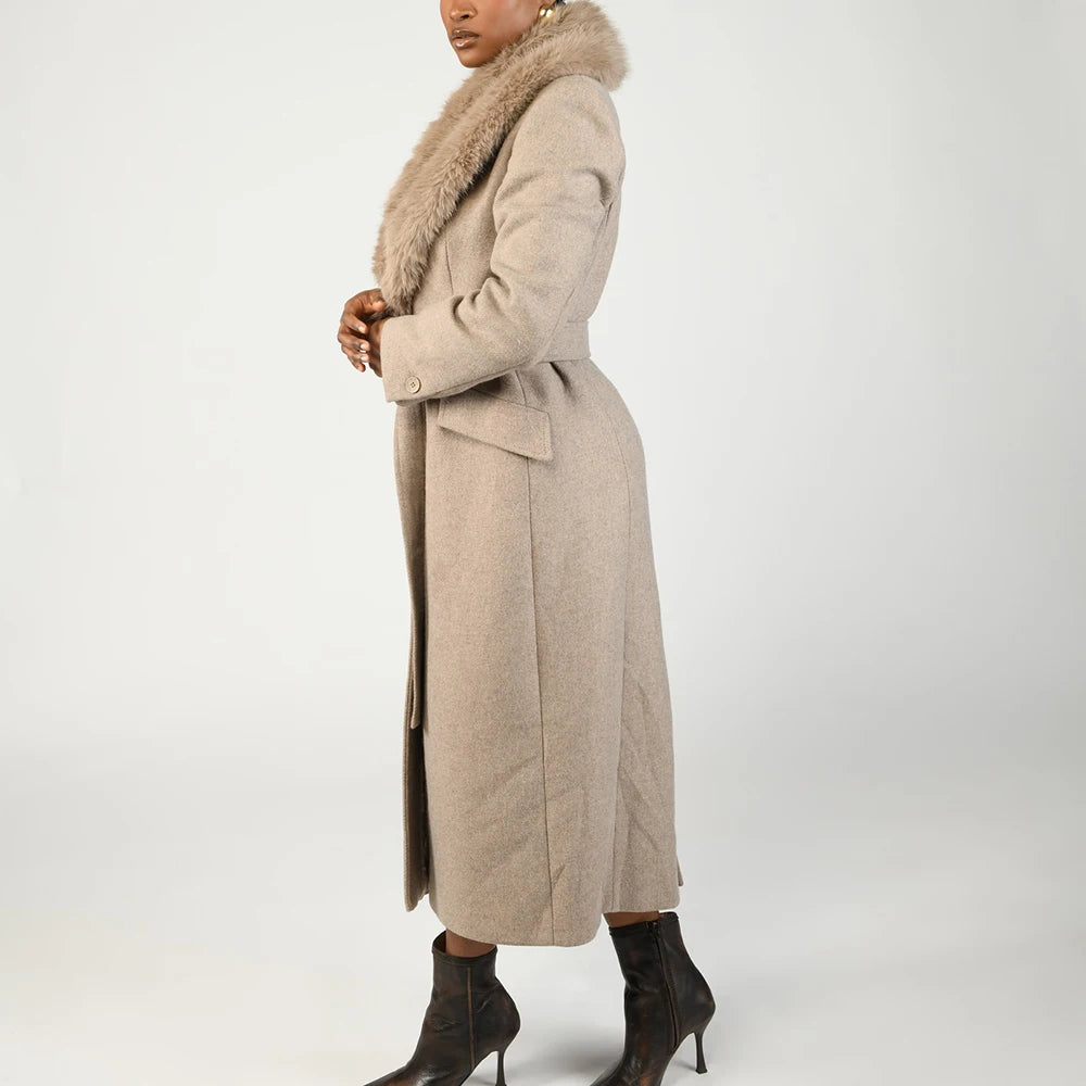 TWOTWINSTYLE Basics Patchwork Lace Up Coats for Women Lapel Spliced Artificial Fur Long Sleeve Midi Length Jacket Female Winter