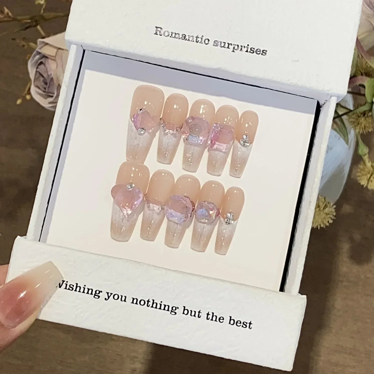 10Pcs Handmade Press on Nails Pink Aurora Diamond Rhinestones Design Pink Almond False Nails Wearable Manicure Nail Tips Art