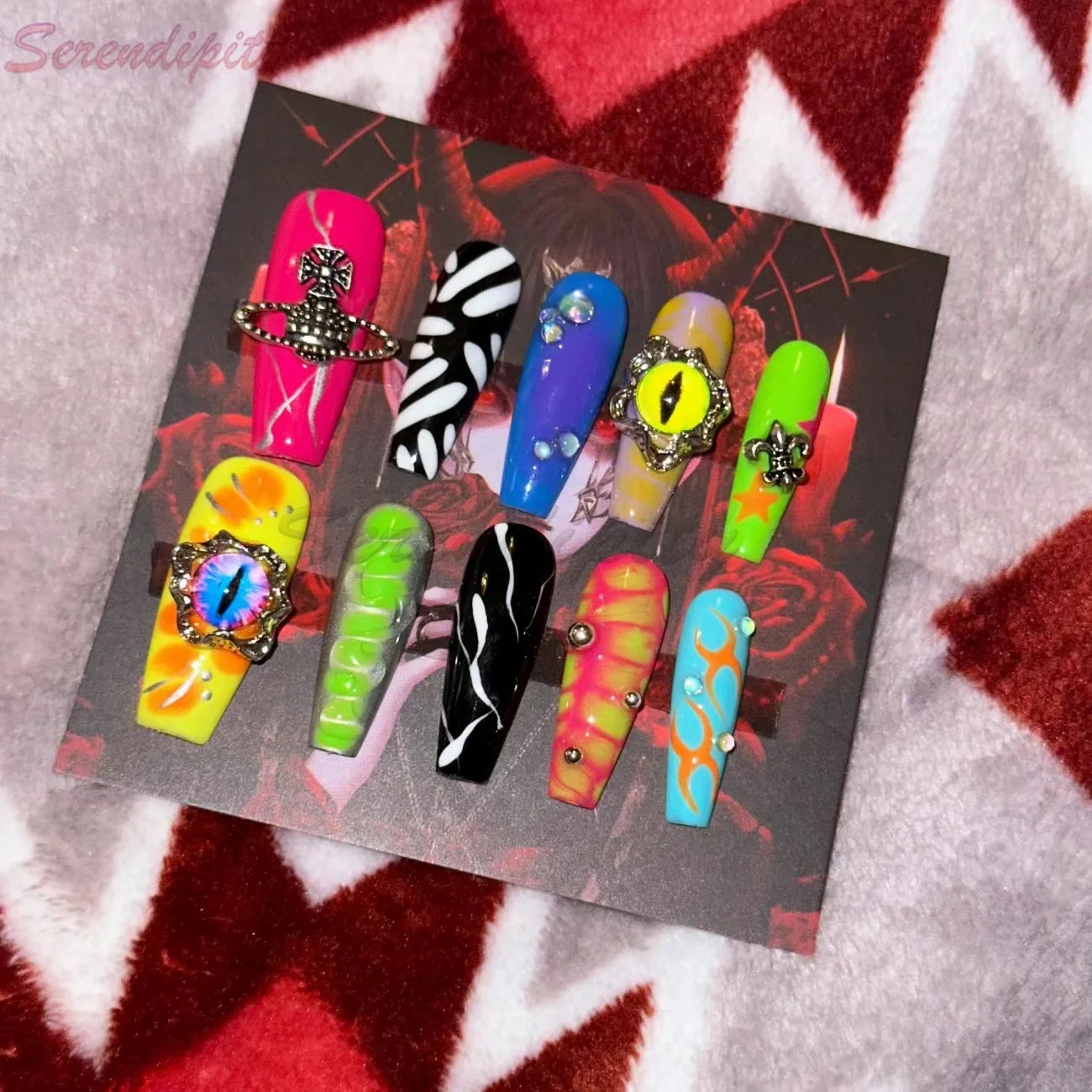 10Pcs Color Hand Drawn Gothic Style Handmade Press On Nails False Nail Full Cover Metallic 3D Design Manicure Wearable Nail