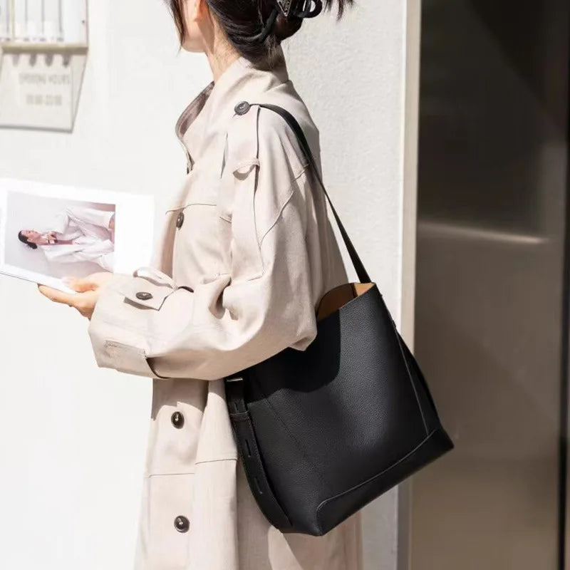Minimalist Lady Commute Messenger Bag Women Luxury Genuine Leather Casual Shoulder Bags Female Classic Bucket Bag New Style