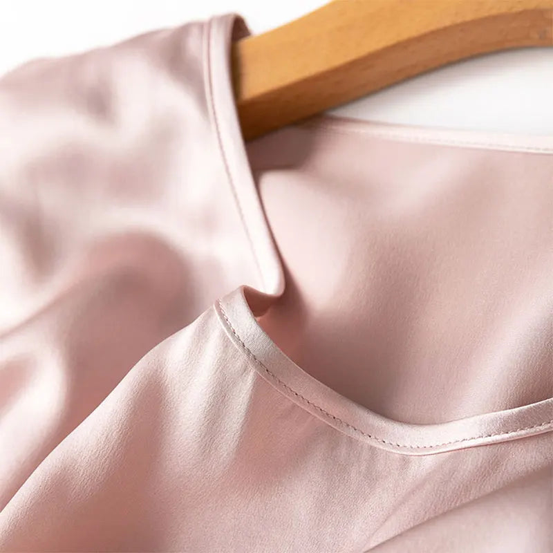Women Midi Dress 100% Mulberry Silk 20 Momme Crew neck belted waist Solid Color Light Pink A Line Long Dress