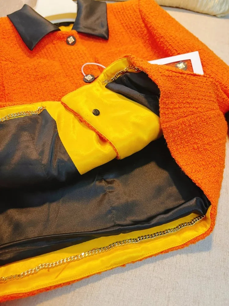 Top Quality Elegant Women Autumn Orange Wool Jacket Office Ladies Work Coat Single Breasted Party Straight Woolen Jacket Outwear