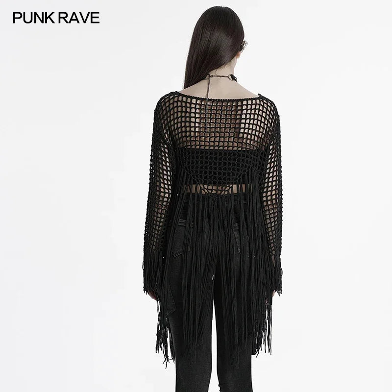 PUNK RAVE Women's Gothic Sexy Hollow Out Tassels Sweater Decadent Personalized Pointed Design Dark Loose Tops Pullovers