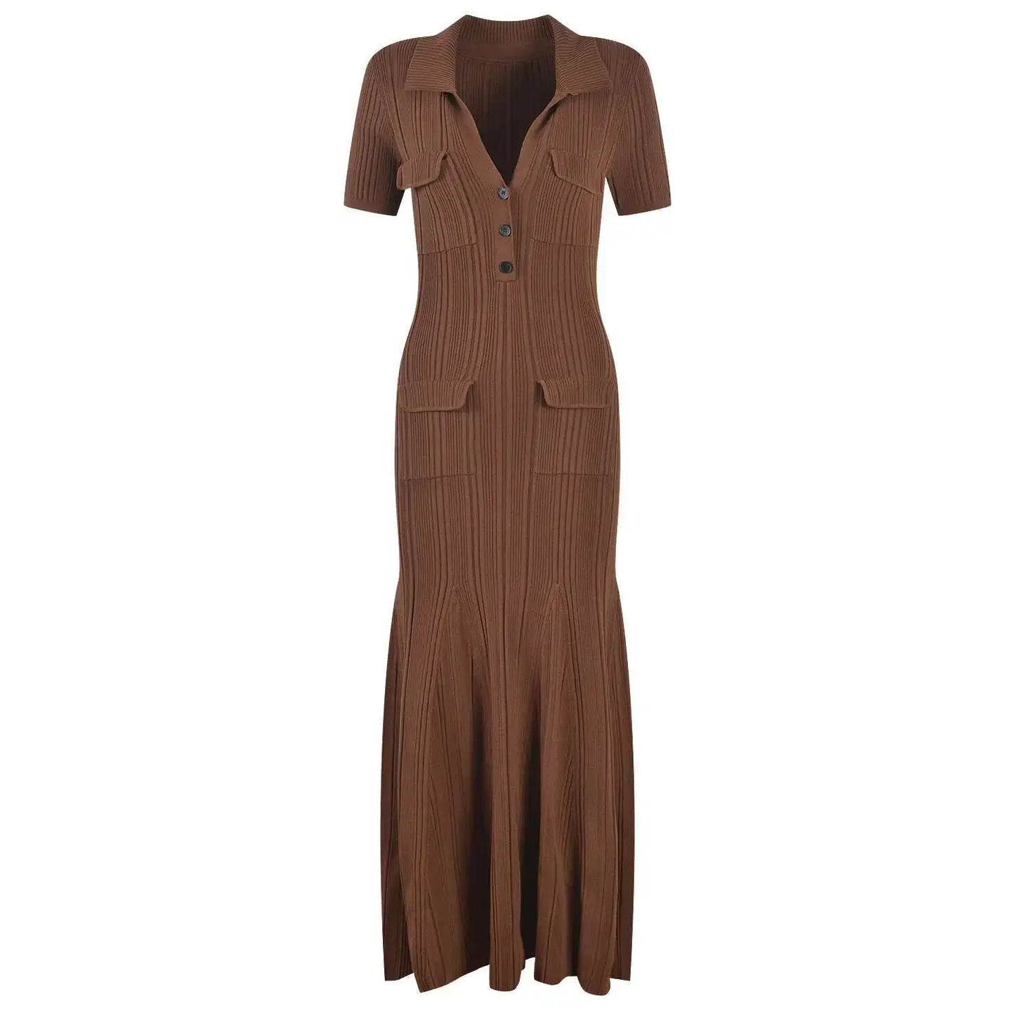 EACA Autumn/Winter New Style Flip Collar Pit Stripe Elastic Waist Slimming Short Sleeve Long Dress Women's Solid Color