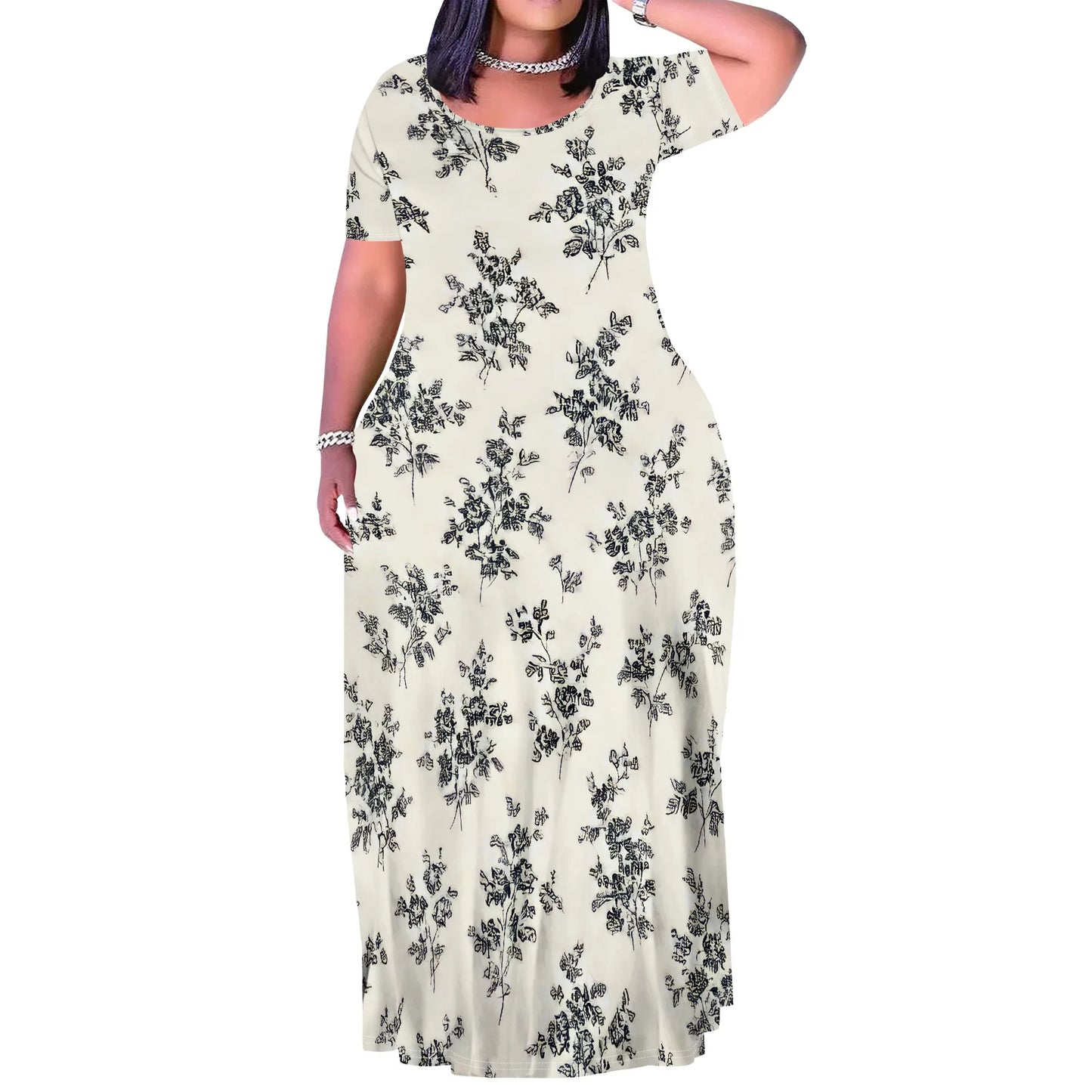 Summer Women's Casual Fashion Printed Boho Sleeveless Plus Size Loose Long Sexy Maxi Flutter Dress with Pockets