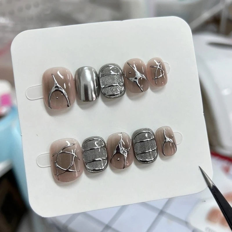 10PCS Dark Black Short Square Round Handmade Press on Nails Metallic Silver Patterns Fake Nails Spice Girls Sweet Cool Wearable