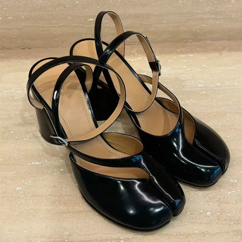 Manufacturer Ins style Fashion Patent Leather Split Toe Women Pumps Spring Summer Thick High heels Slingbacks Female Tabi Chunky Casual Shoes Pumps