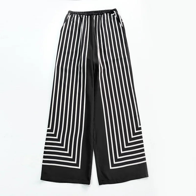 Women Geometric Striped Print Trousers 100% Silk Female Loose Elastic Waist Wide Leg Casual Long Pant Summer New