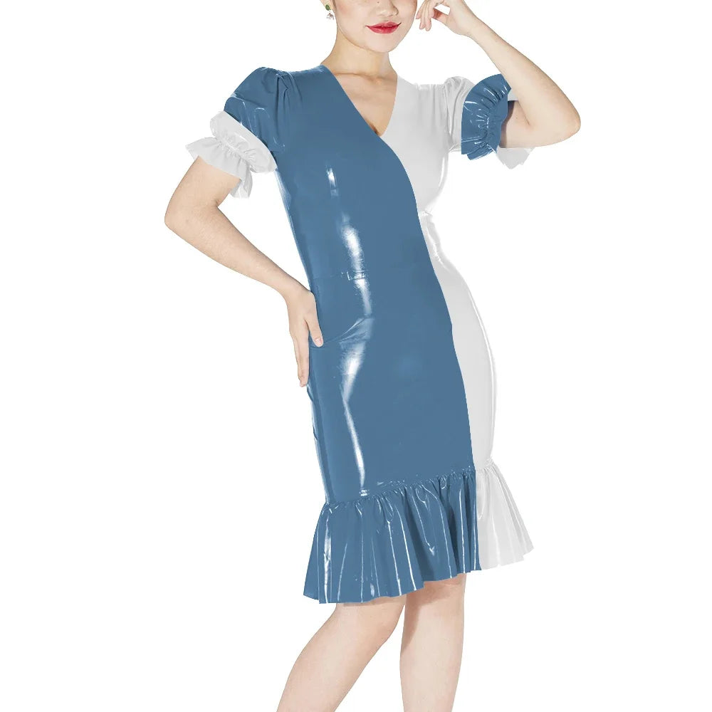 Plus Size Knee-length Patchwork Dress Glossy Faux Leather Party Bodycon Short Sleeve Dress Back Zipper Ruffles Hem Womens Dress
