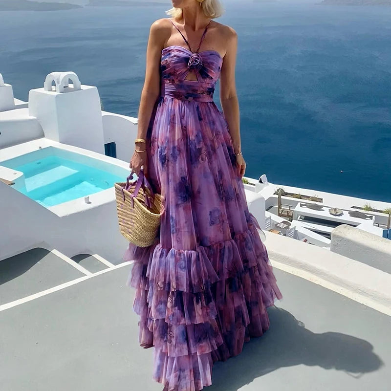 Women Fashion Hollow Off Shoulder Summer Dress Sexy Sleeveless Pleated Long Dress Elegant Halter Pattern Print Mesh Party Dress