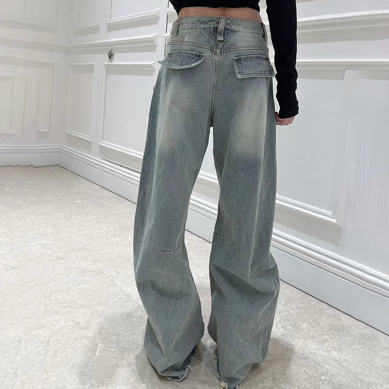 Women's Jeans, Double Waistband Washed Scimitar Work Pants, High Quality Cotton Wide Leg Pant New, y2k