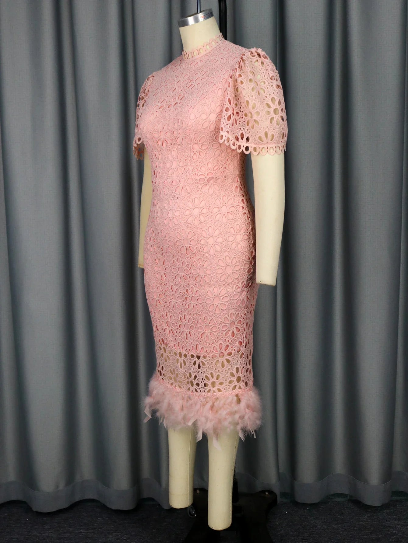 ONTINVA Women Pink Lace Church Dress Short Lantern Sleeve Slim Fit Feather Hem Plus Size Wedding Guest Prom Evening Party Gowns