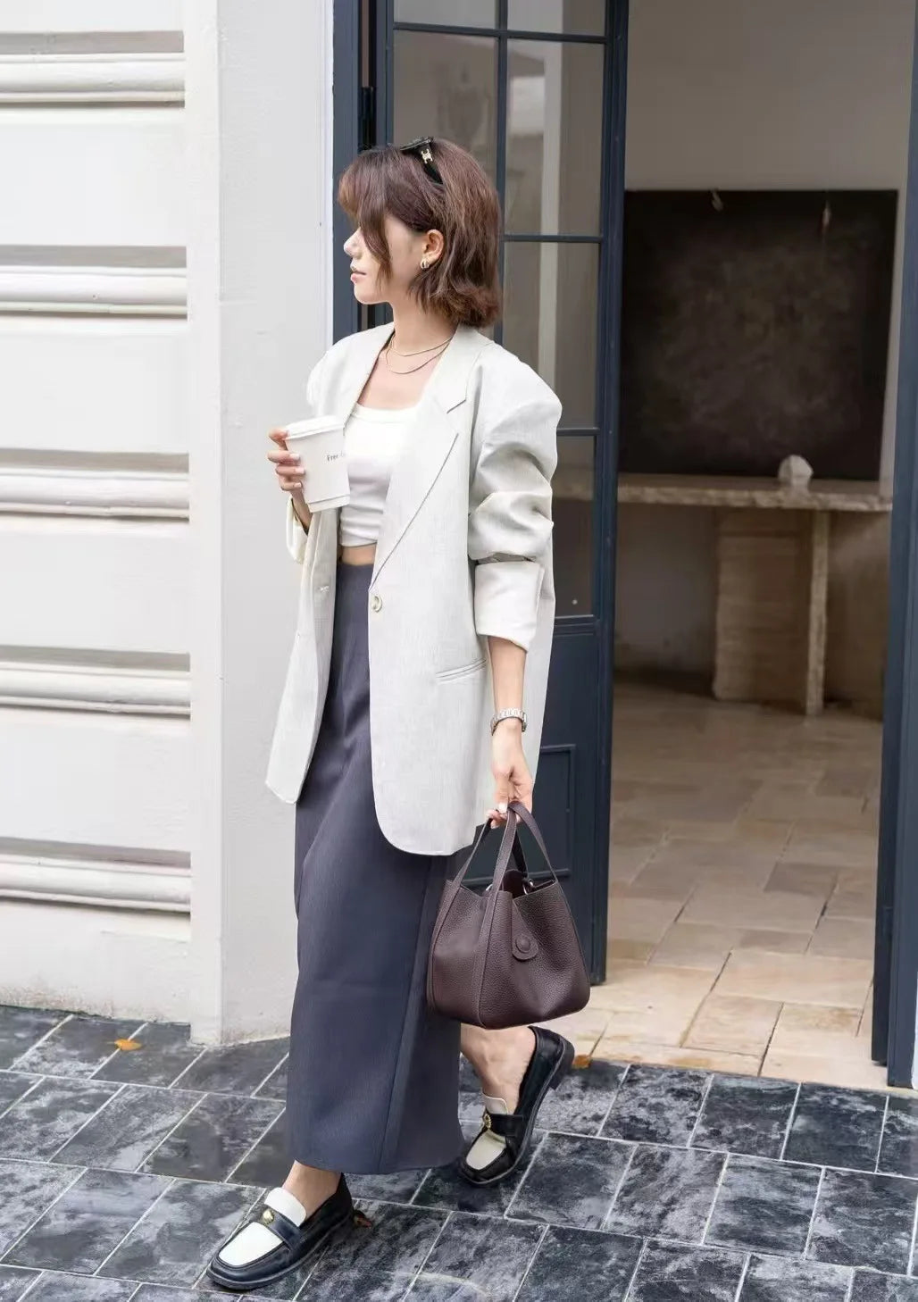 Japanese and Korean Style All-match Coffee Small Daily-use Bucket Tote Genuine Cow Leather Women Handbag Female Crossbody Bag