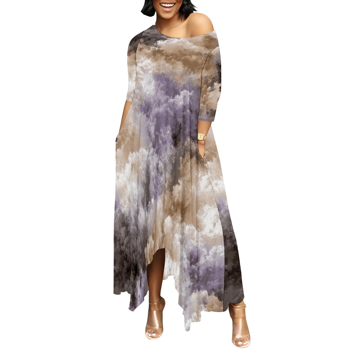 Women One Shoulder Sleeve Printed Dress High Waist Split Party Cocktail Long Dress