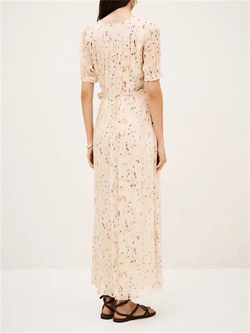 Summer New Floral Print Lace-Up Wrap Dress for Ladies V-Neck Short-Sleeved High-Waisted Slim Temperament Open Long Robe