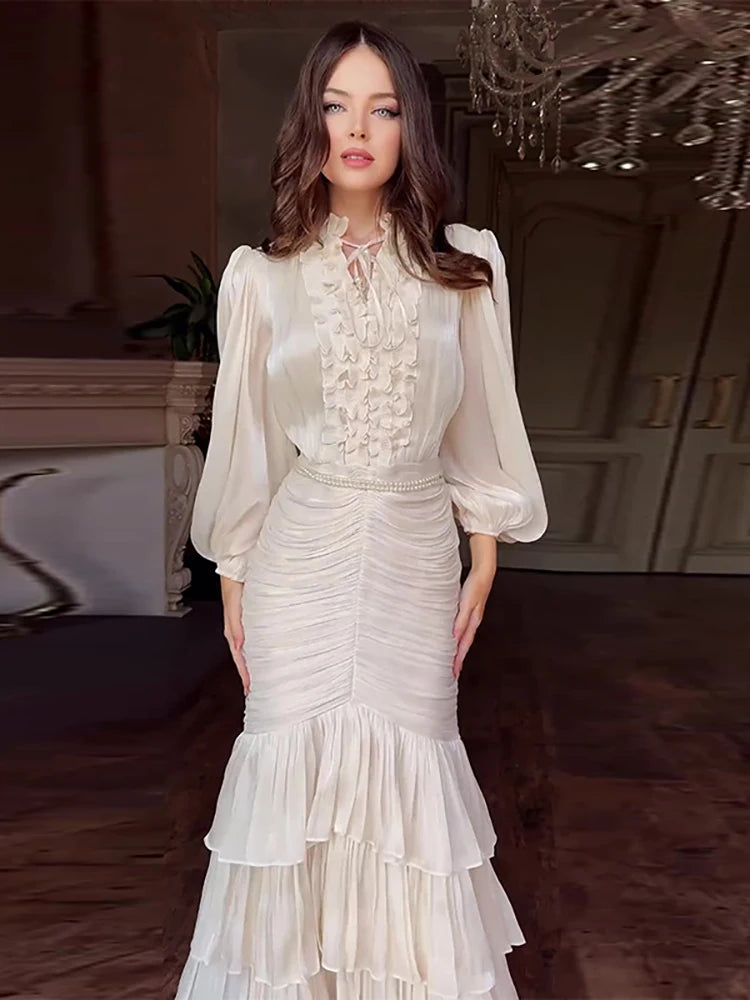 Elegant Women Dresses Ruffle Pleated Long Sleeve Lace Up Dress for Woman New Fashion Bodycon Slim Vestidos Female Party Clu
