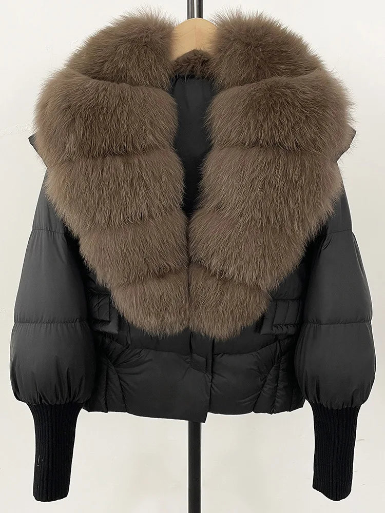 ZMEENNA Women's Black Puffer Down Jacket With Large Real Fur Collar Short Warm Winter Coat Knit Cuffs Elegant Outerwear