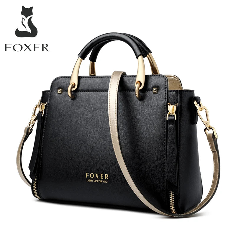 FOXER Elegant Women Top-Handle Bag Fashion Split Leather Signature Crossbody Bag Female Large Shoulder Tote Bag Purse