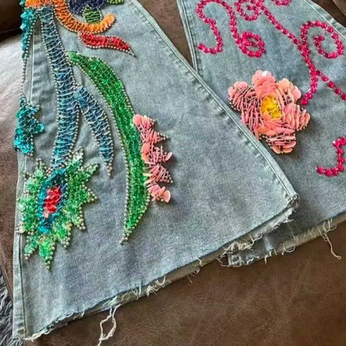 WHITNEY WANG Designer Style Autumn Fashion Streetwear Handmade Sequins Beading Bird Big Flare Jeans Women Denim Pant
