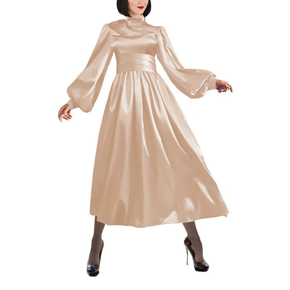 Plus Size Satin Evening Dress Elegant Drape High Neck Long Sleeve Dress Ladies Party Belted Long Gown Women A-Line Prom Dress
