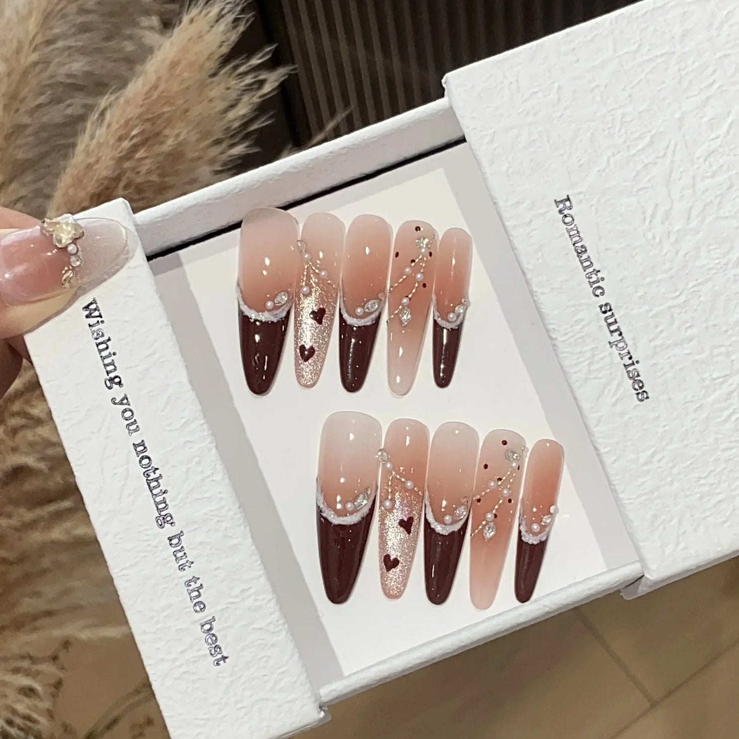 10Pcs Handmade Press on Nails Pink Aurora Diamond Rhinestones Design Pink Almond False Nails Wearable Manicure Nail Tips Art