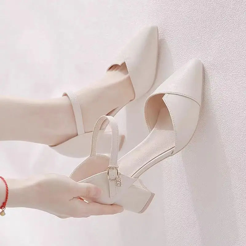 Manufacturer Ladies Elegant Beige Pointed Toe Thin Strap Cross Buckle Mid Heel Sandals Daily Office Shoes Pumps