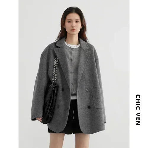 CHIC VEN Women's Woolen Coats Loose Casual Double Breasted Retro Double-sided Jacket Office Lady Outerwear Autumn Winter