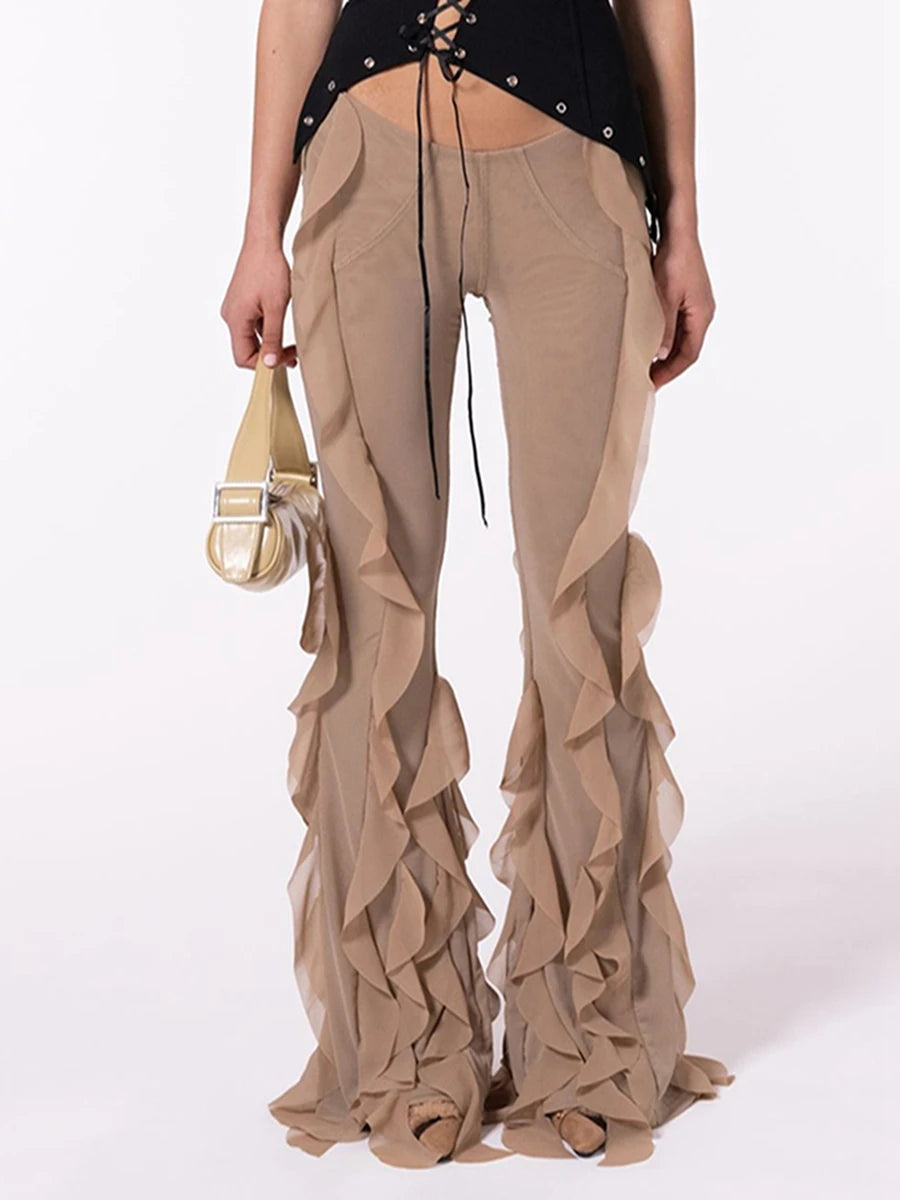 Women's Ruffled Flare Long Pants Solid Color Low Rise Stretch Bell-Bottom Trousers Streetwear pant