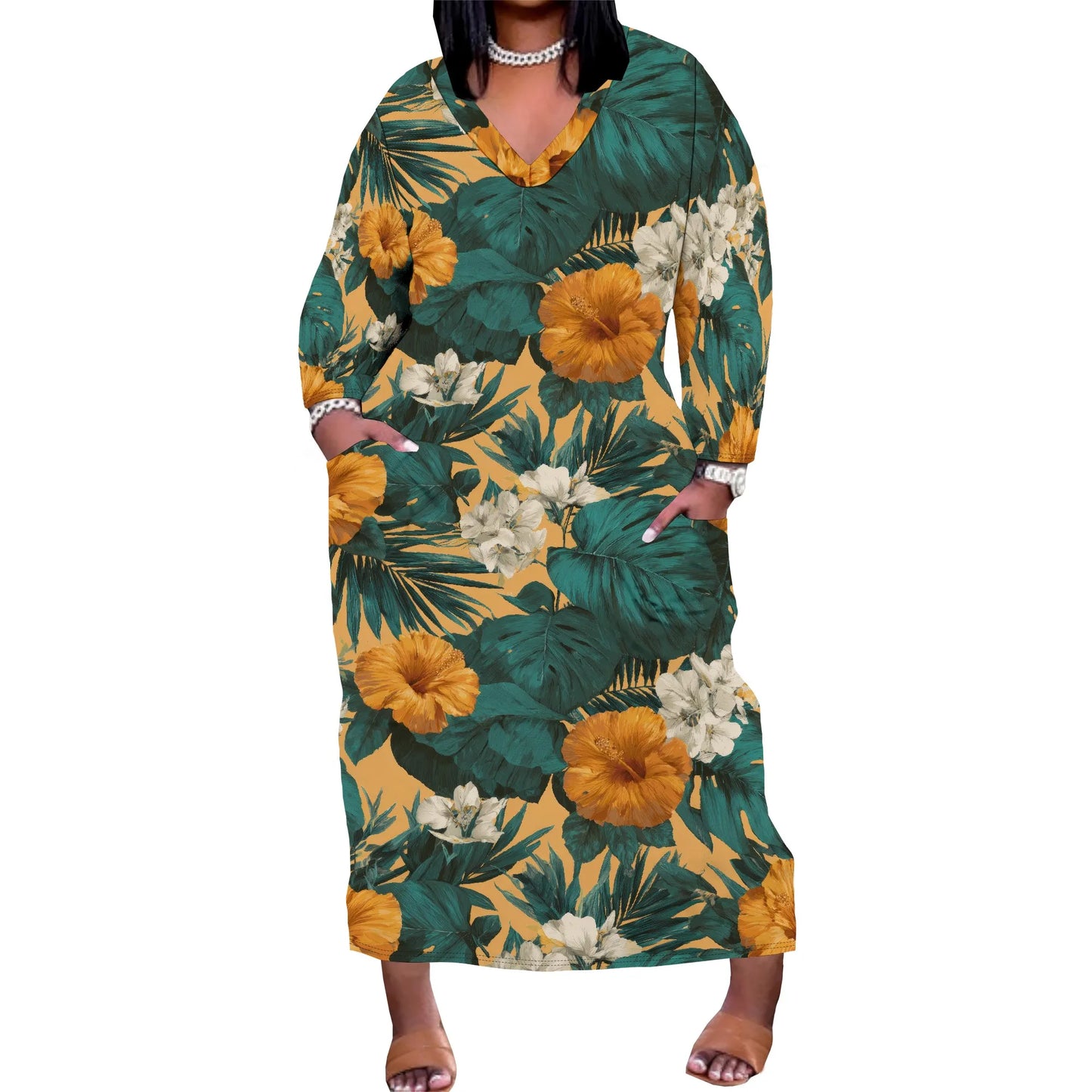 Oversized Baggy Summer Womens Print Dresses Sexy Casual T-Shirt V Neck Long Sleeve Maxi Dress with Pocket