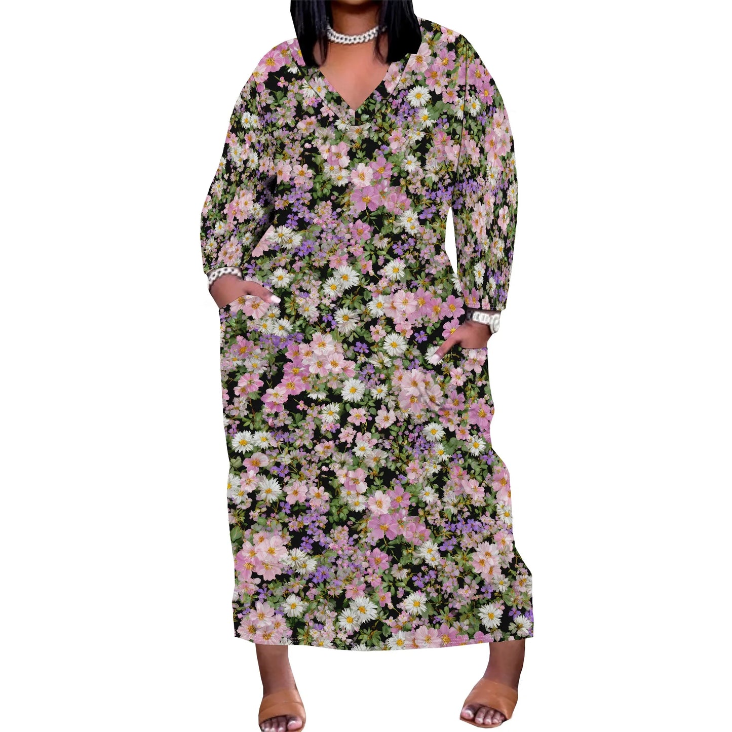 Oversized Baggy Summer Womens Print Dresses Sexy Casual T-Shirt V Neck Long Sleeve Maxi Dress with Pocket