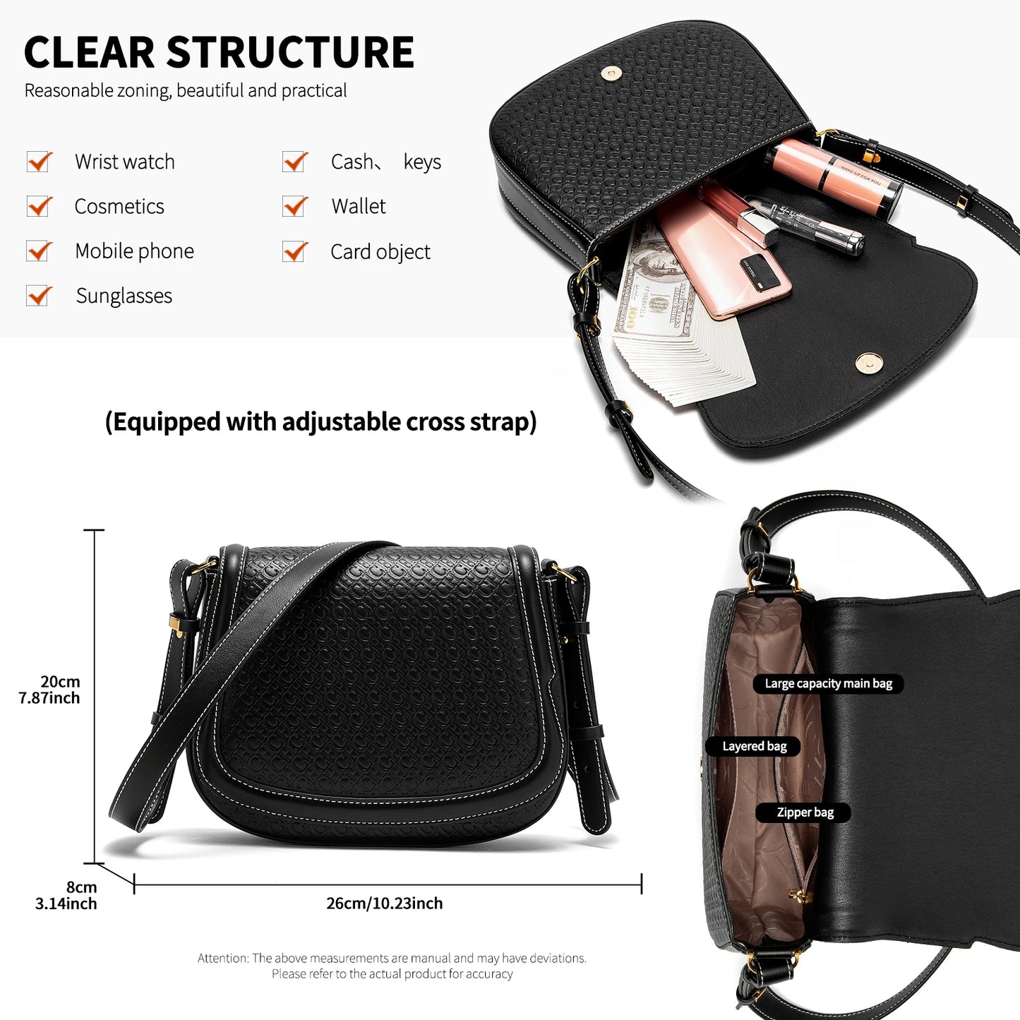 CHCH Women's Saddle Bag New Embossed Flip Small Square Bag Simple Business Women's Crossbody Bag