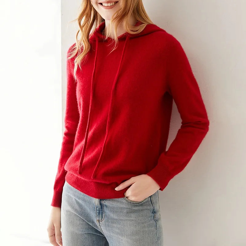 Seamless Real Cashmere Pullovers Sweater Autumn Winter Women 100% Cashmere Knitted Hooded Knitwear Casual Long Sleeve Jumper