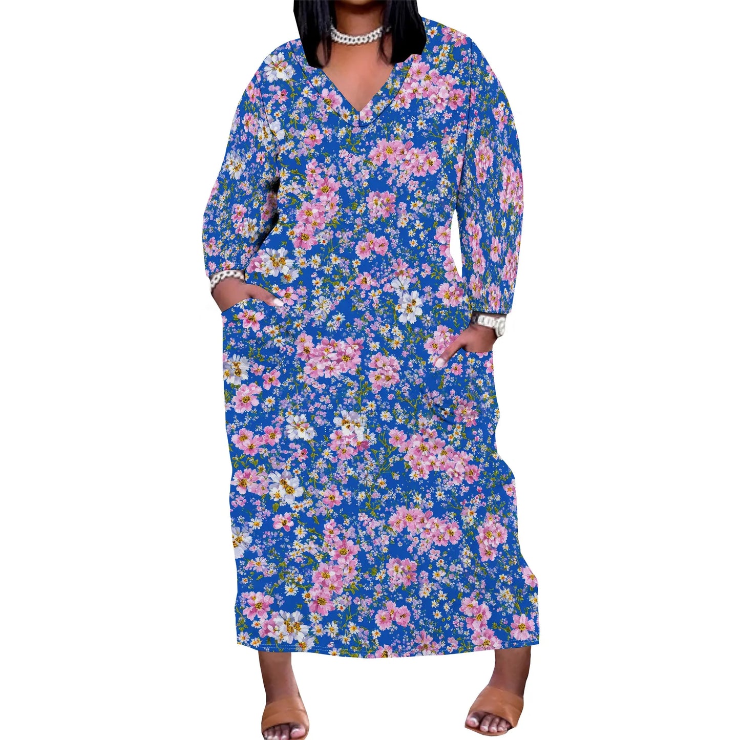 Oversized Baggy Summer Womens Print Dresses Sexy Casual T-Shirt V Neck Long Sleeve Maxi Dress with Pocket
