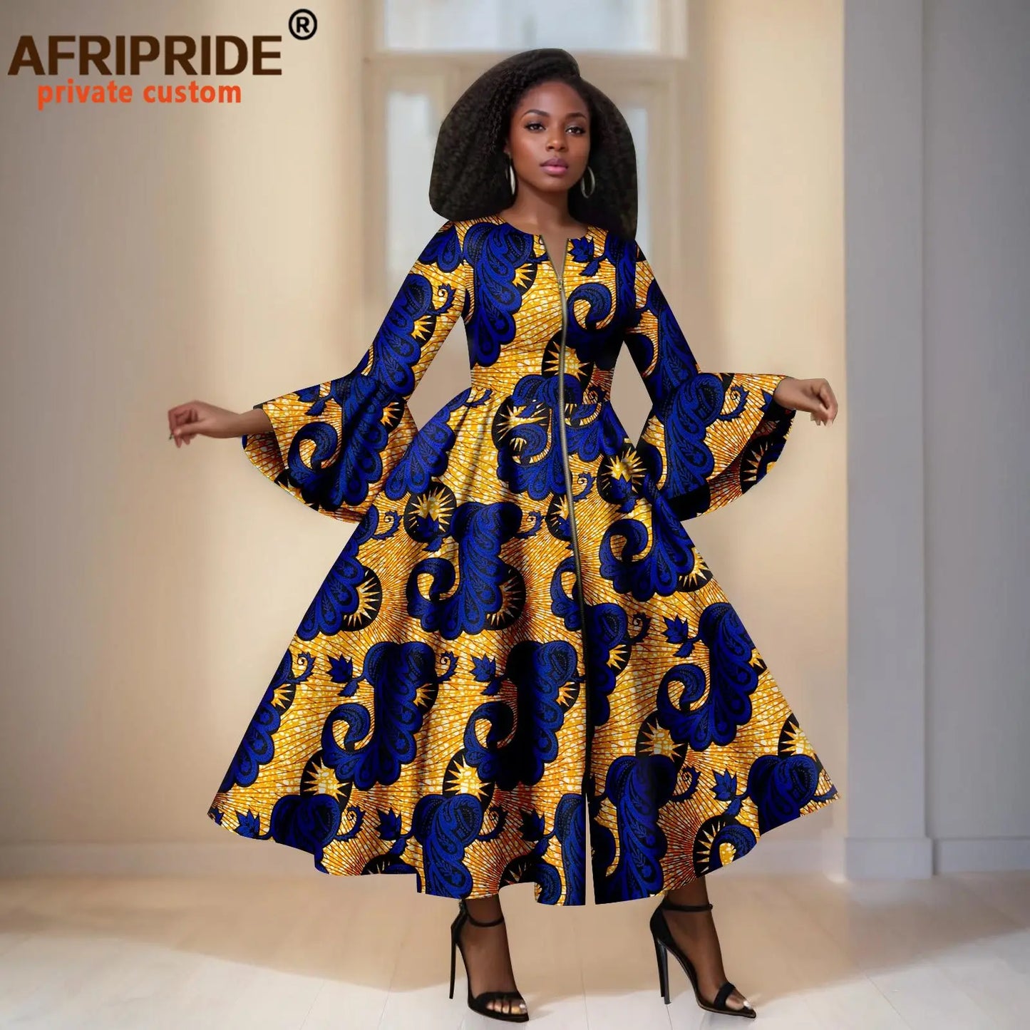 African Print Dresses for Women Flare Sleeve Elegant Zip Maxi Dress Party Attire for Lady Dashiki Long Dress