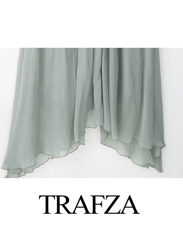 TRAFZA Women's Summer Fashion V-neck Pleated Decoration Short Sleeve Mid Dress Female Elegant Backless Solid Sexy Long Dress