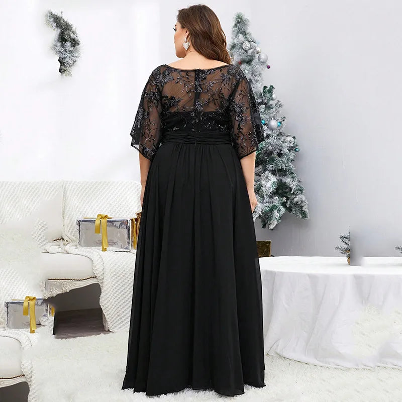 Plus Size Dresses V-neck Sequin Embroidered Frocks See-through Long Sleeve Patchwork Chiffon Full Skirt Evening Gown Ball Dress