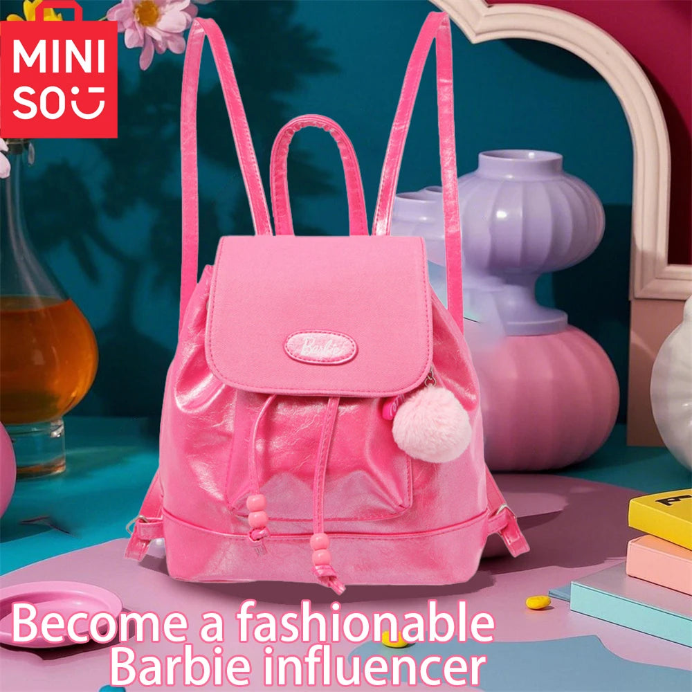 Miniso Barbie Fashion Shoulder Bag PU Leather Backpack Pink Handle Bag Crossbody Bag Multi Pocket Functional Backpack For School