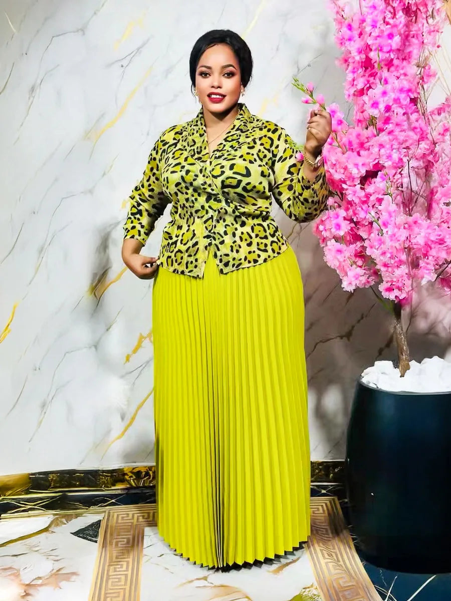 African Plus Size Women's Dresses Miyake Pleated Printed Long Sleeve Tops Pleated Long Simple Loose Middle East Prom Dresses