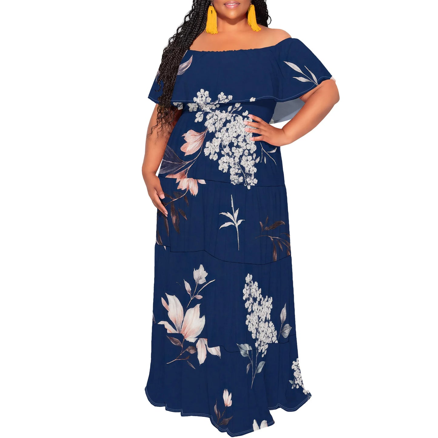 Womens Off The Shoulder Dress Summer Casual Long Ruffle Party Side Split Beach Maxi Dresses with Pockets
