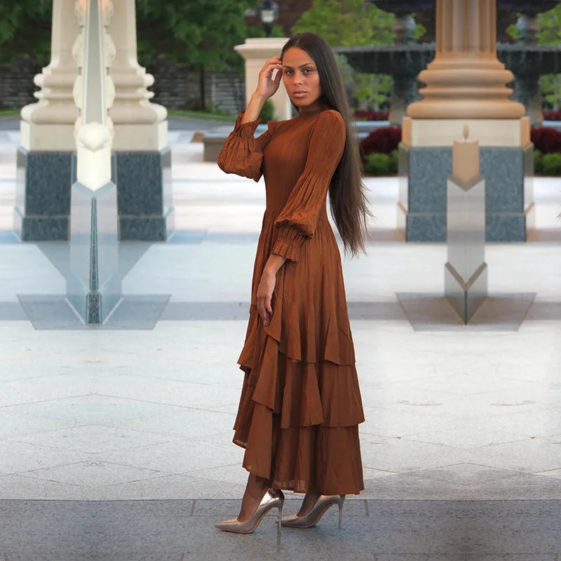 Miyake Folds Summer New Lantern Sleeve Dress Solid Color Lotus Edge Long Skirt