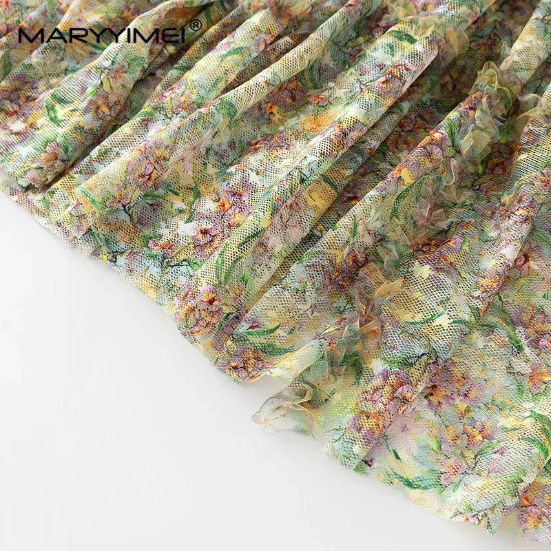 MARYYIMEI New Fashion Runway Dress Women's Round Collar Sheer Long Sleeves Mesh Flower Print Fungus Edge Patchwork Tiered Dress