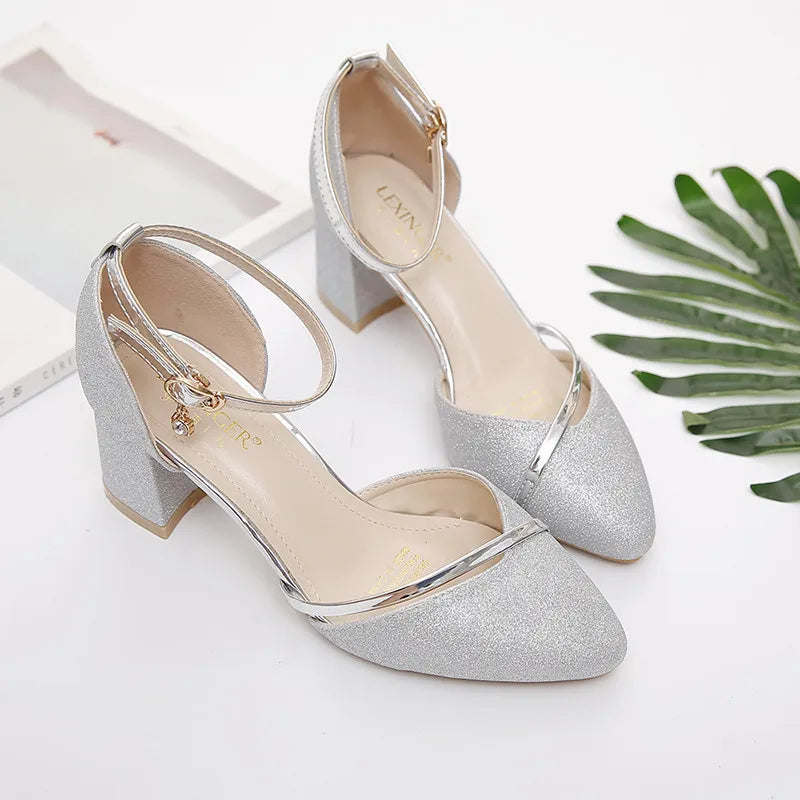 Manufacturer Women Classic Sexy Party Wedding Silver Square Heel Shoes Lady Casual Golden Comfort Pumps for Night Club Office Work Shoes B68 Pumps