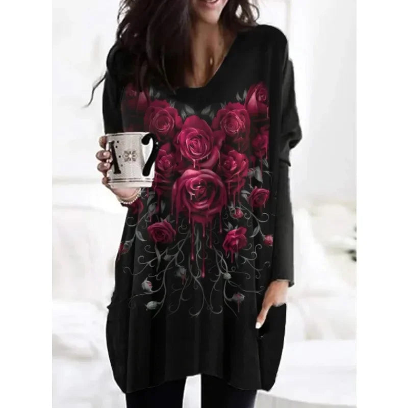 Women's Fashion Plus Size 1XL-5XL Christmas Printed Pocket Long Sleeved T-shirts Ladies Autumn New Home Clothes Tops