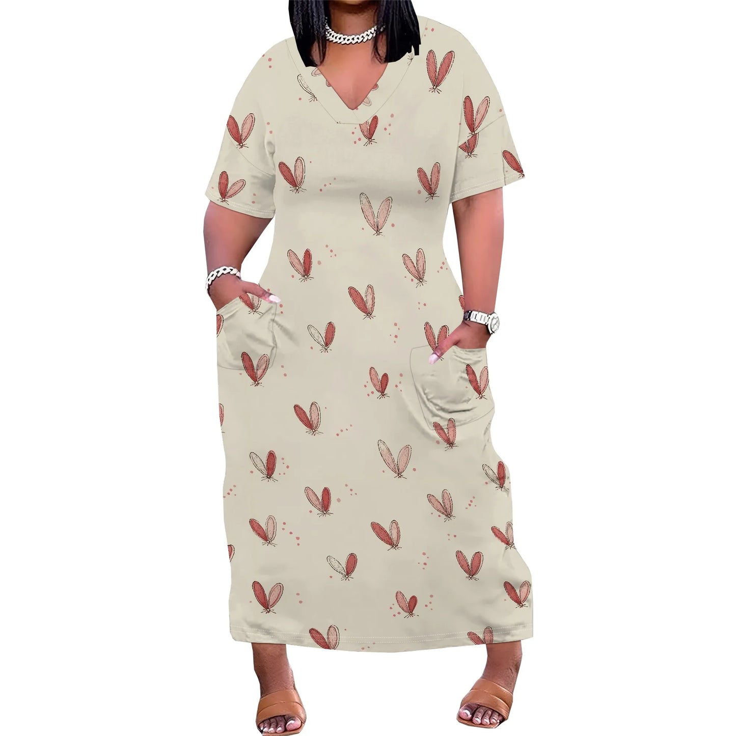 Women's Plus Size African Print Dresses Casual Loose Pocket Short Sleeve Long Maxi Dress