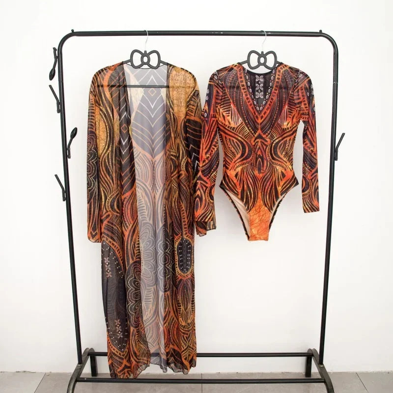 Fashion Printing Swimming Suit for Women Sexy Long Sleeve One Piece Swimsuits Mesh Bikini Cover Up New Vintage Two Piece Set