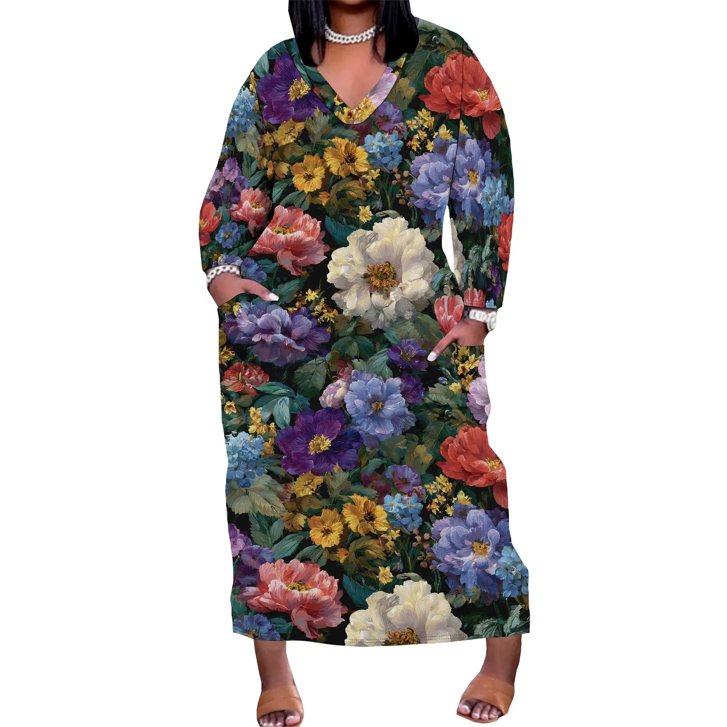 Oversized Baggy Summer Womens Print Dresses Sexy Casual T-Shirt V Neck Long Sleeve Maxi Dress with Pocket