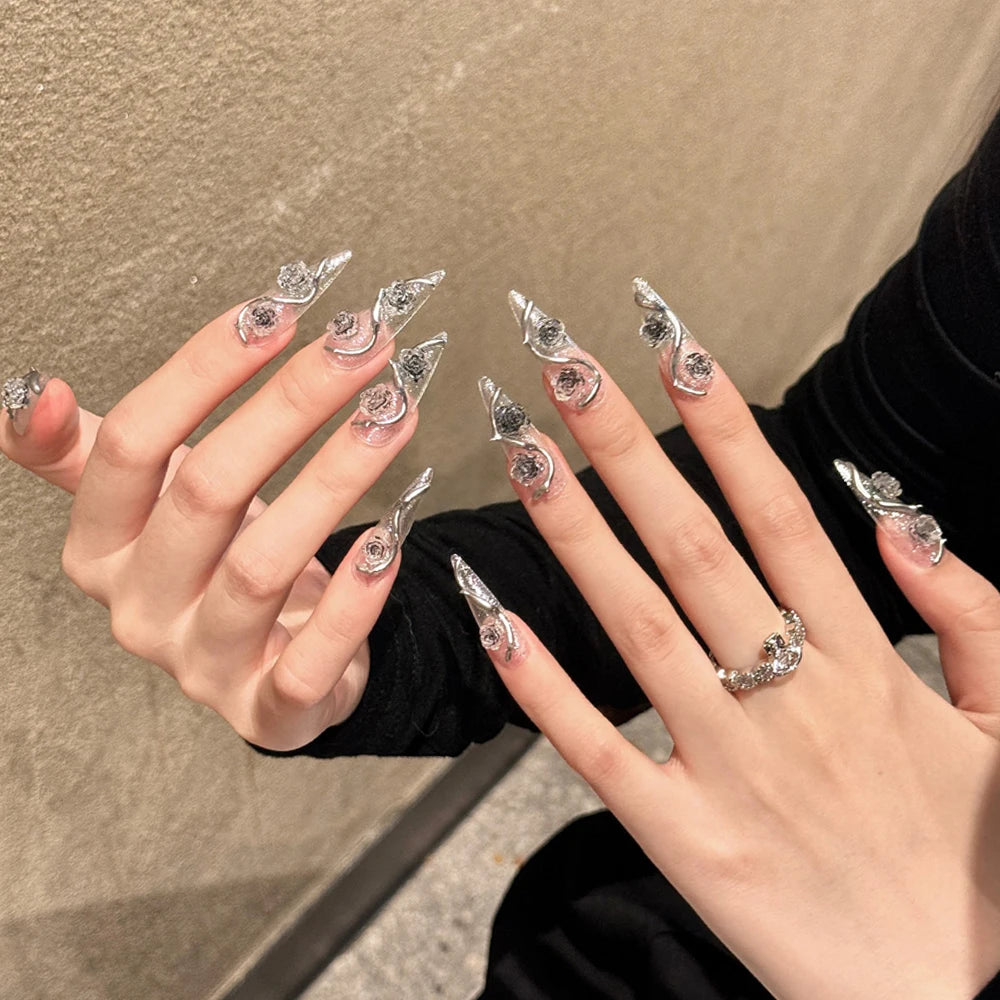 5set False Nails with glue rose design Long Coffin french fake nails full cover nail tips press on nails Bulk Wholesale/Custom
