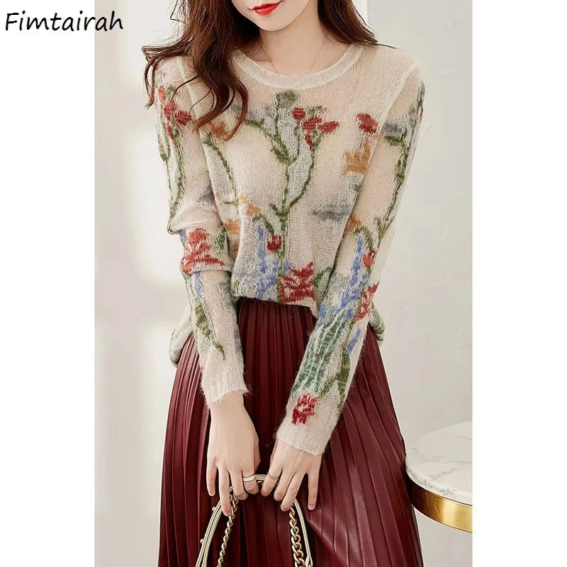 Knitted Sweater round neck cashmere hollow-out thin bottom sweater Women's new style fashionable sweater