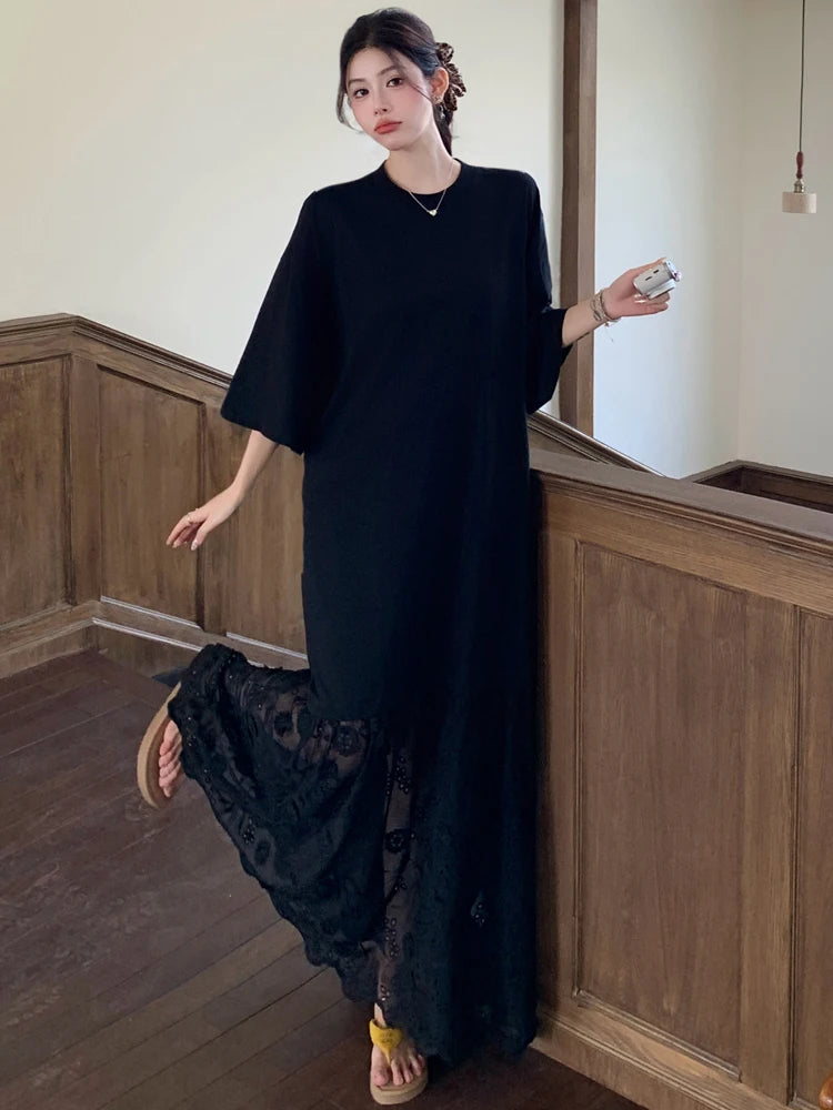 NYFS Korean Style Women's Summer Loose plus Size Patchwork Embroidery hollow lace Hem Short Sleeve Long Dress Robe Elbise